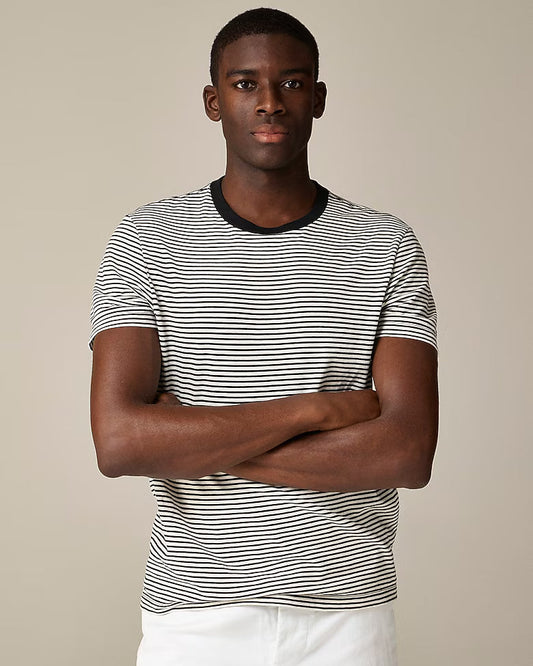 Camiseta de algodón afelpado a rayas marfil y negro