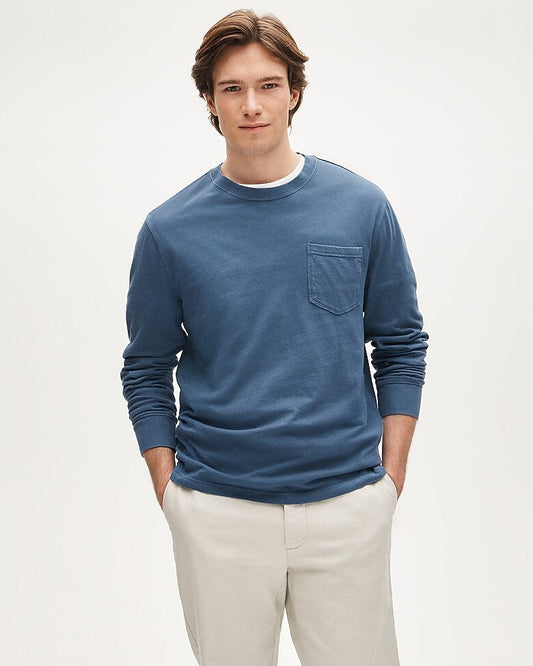 Camiseta de algodón de manga larga con bolsillo y lavado vintage azul